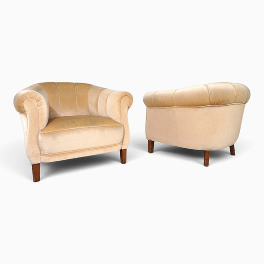 Paar Art Déco Clubsessel mit champagnerfarbenen Mohair, 1930