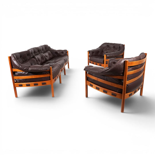 Coja Living Room Set by Sven Ellekaer – 3-Seater Sofa and 2 Lounge Chairs in Brown Leather, 1960