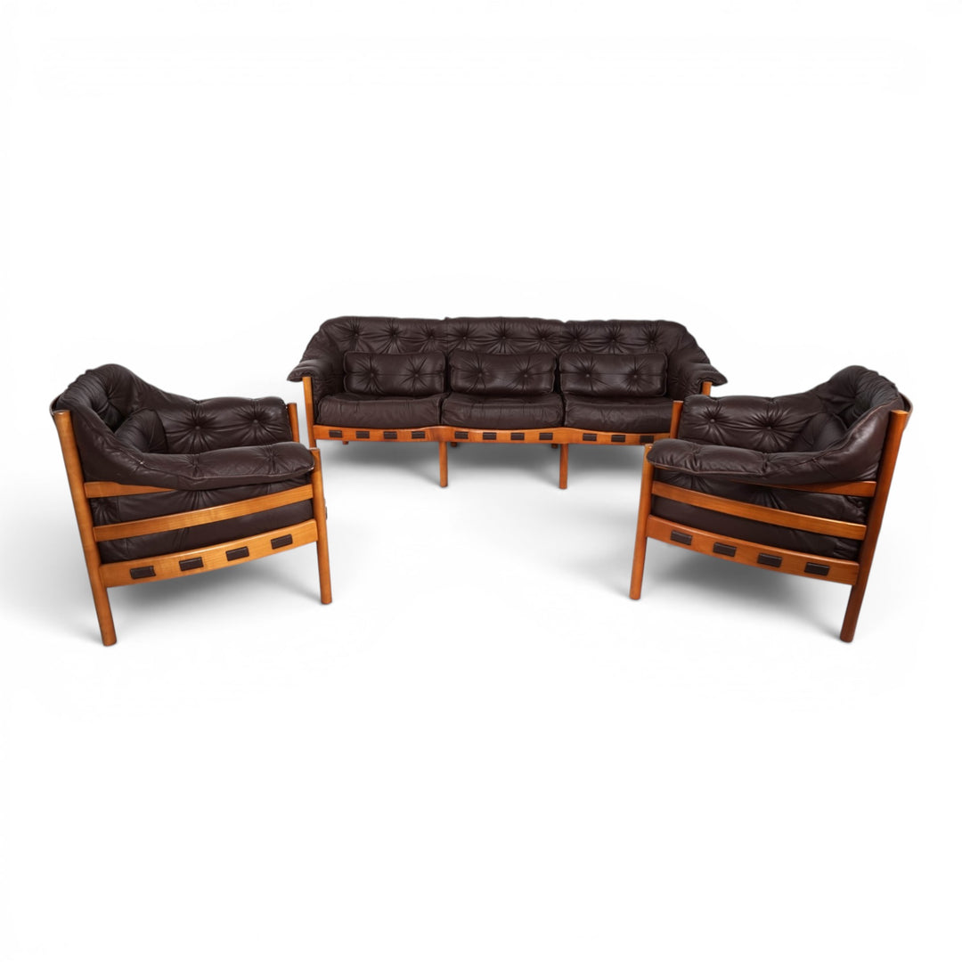 Coja Living Room Set by Sven Ellekaer – 3-Seater Sofa and 2 Lounge Chairs in Brown Leather, 1960