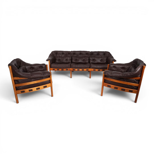 Coja Living Room Set by Sven Ellekaer – 3-Seater Sofa and 2 Lounge Chairs in Brown Leather, 1960