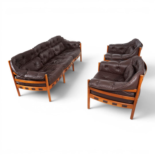Coja Living Room Set by Sven Ellekaer – 3-Seater Sofa and 2 Lounge Chairs in Brown Leather, 1960