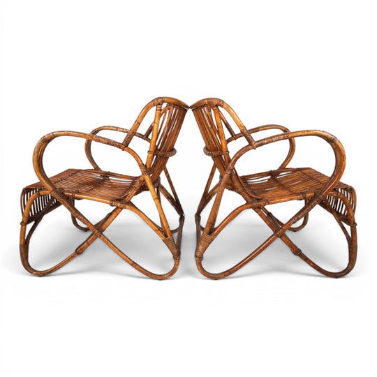 Französisches Paar Vintage Rattan Bambus Loungesessel, 1960