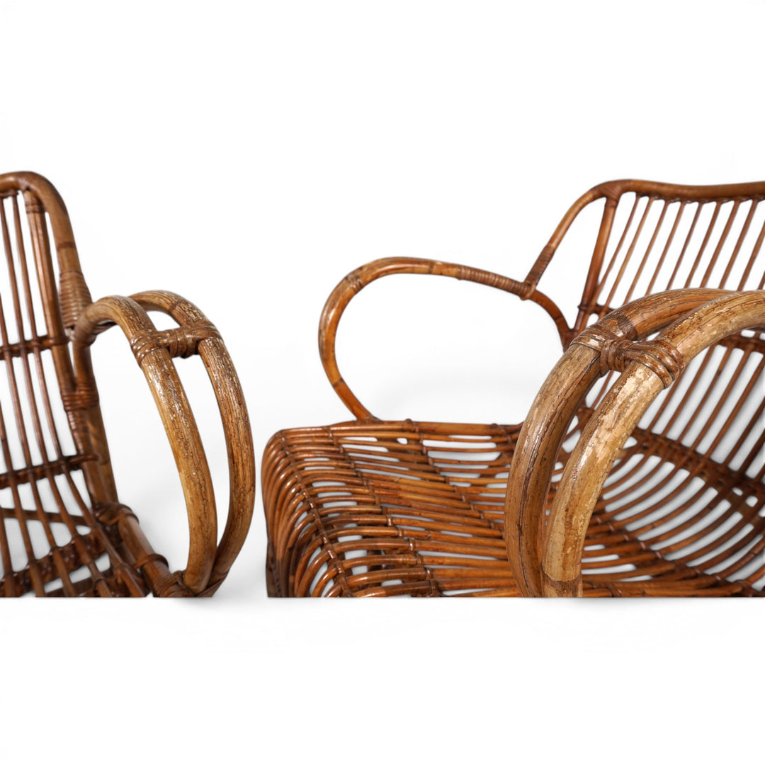 Französisches Paar Vintage Rattan Bambus Loungesessel, 1960