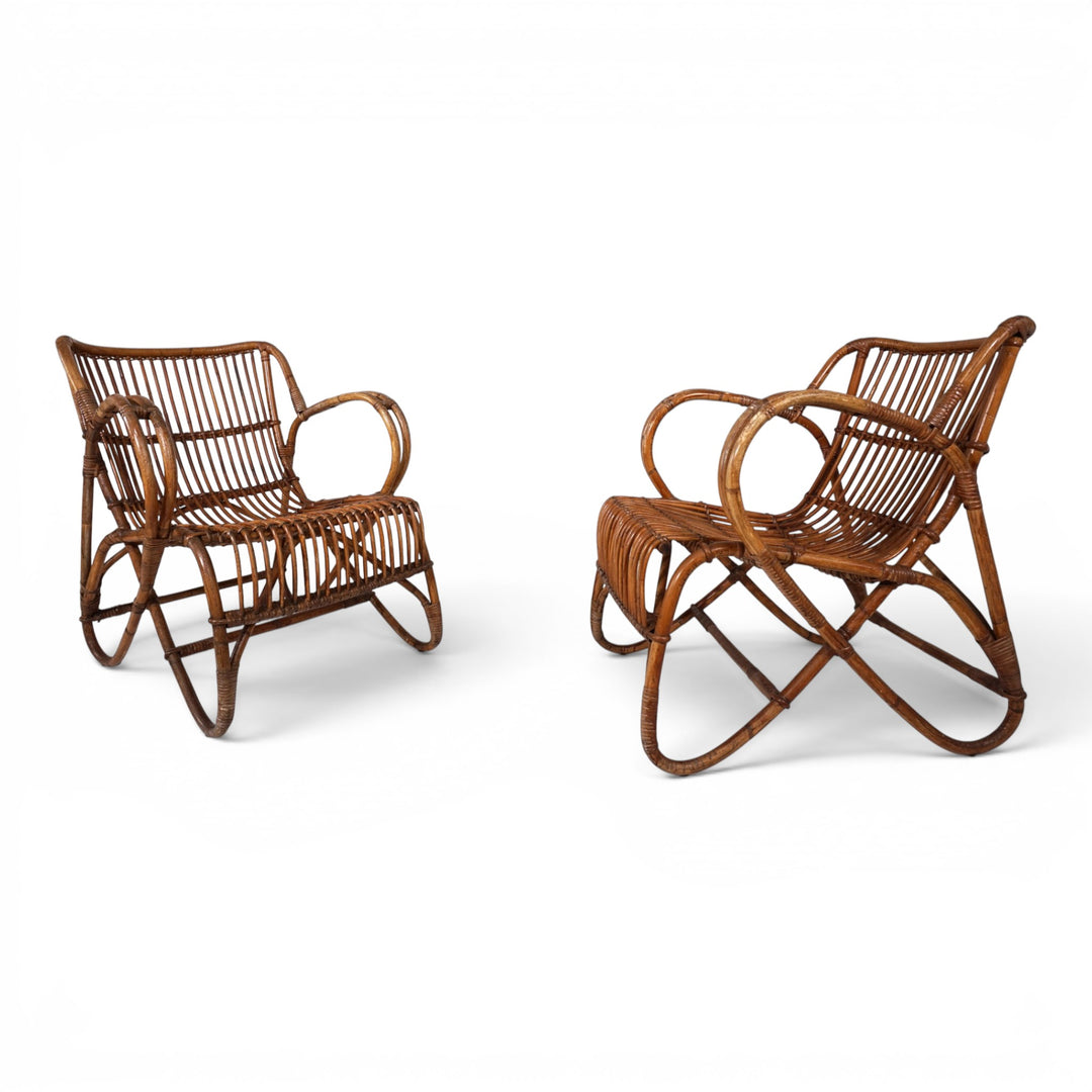 Französisches Paar Vintage Rattan Bambus Loungesessel, 1960