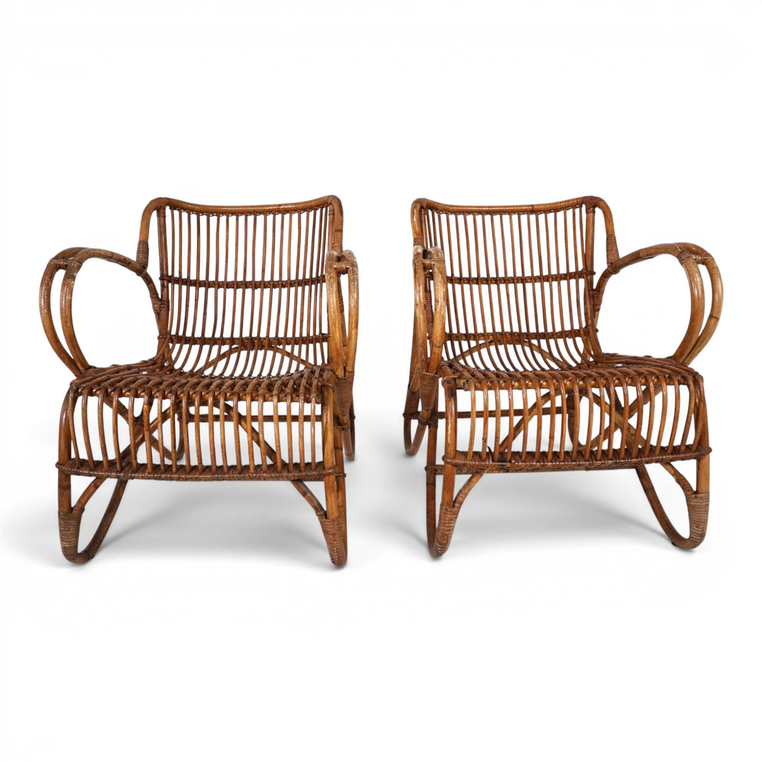 Französisches Paar Vintage Rattan Bambus Loungesessel, 1960