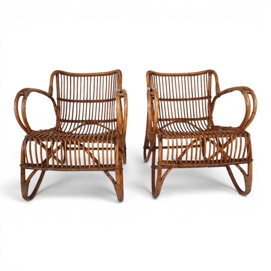Französisches Paar Vintage Rattan Bambus Loungesessel, 1960