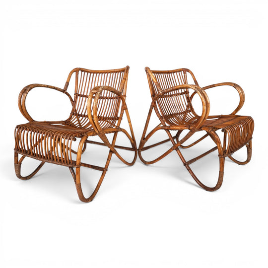 Französisches Paar Vintage Rattan Bambus Loungesessel, 1960
