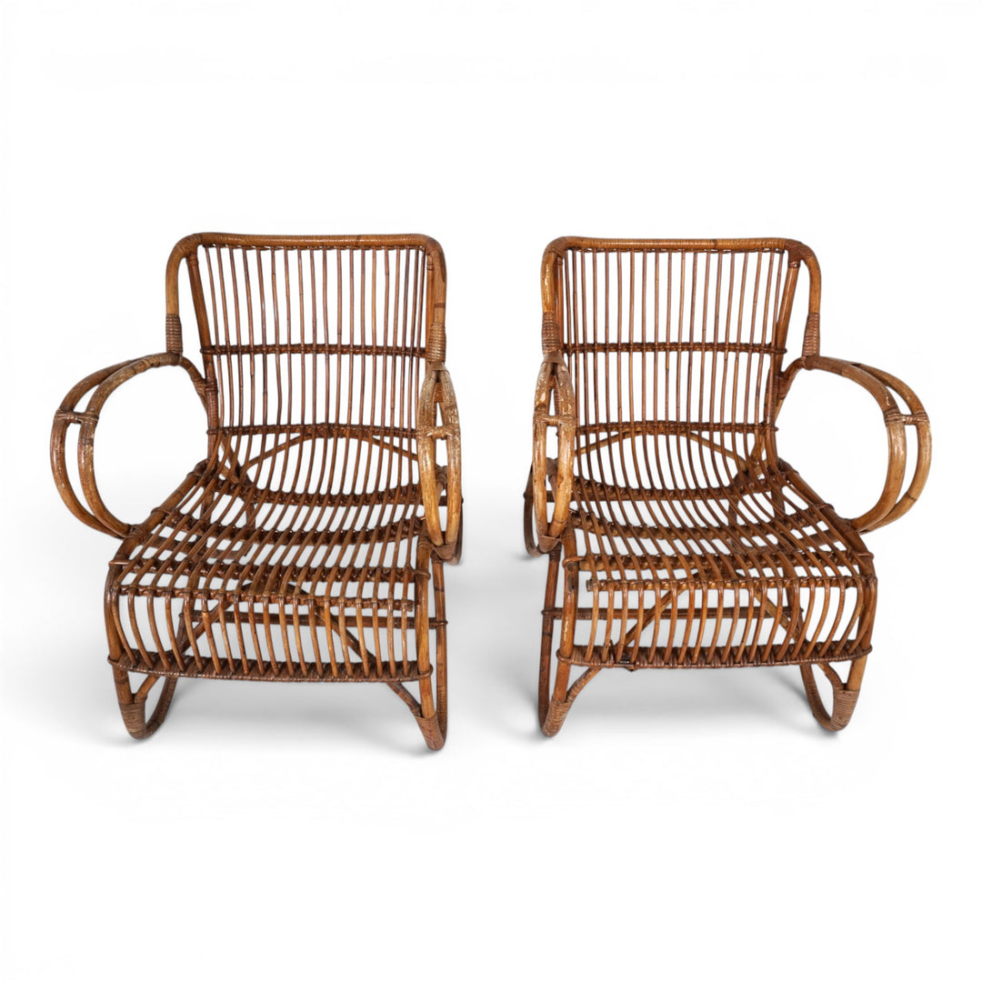 Französisches Paar Vintage Rattan Bambus Loungesessel, 1960