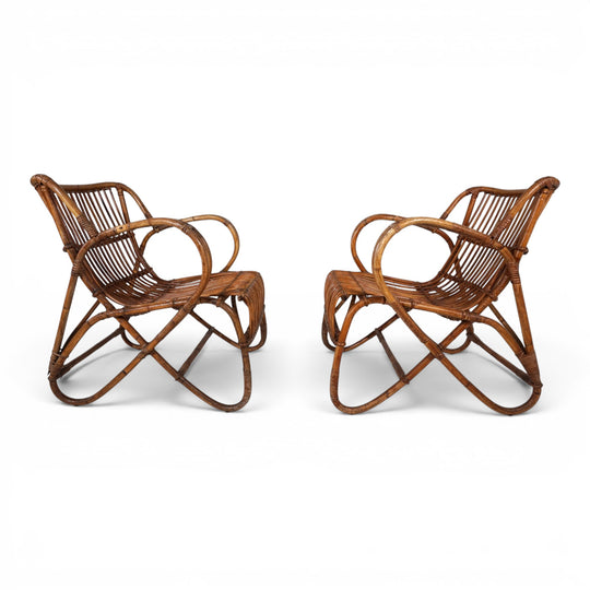 Französisches Paar Vintage Rattan Bambus Loungesessel, 1960