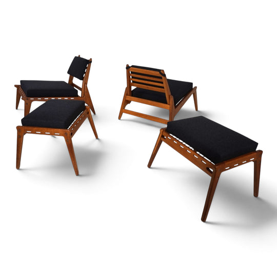 Set of 2 Hunting Chairs with Ottomans by Heinz Heger for PGH Annaberg, 1960
