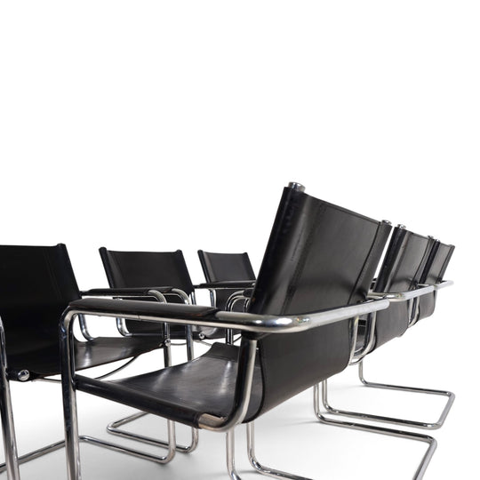 Matteo Grassi Set of 6 Visitor Chairs, Leather/Chrome Dining Chairs, 1970