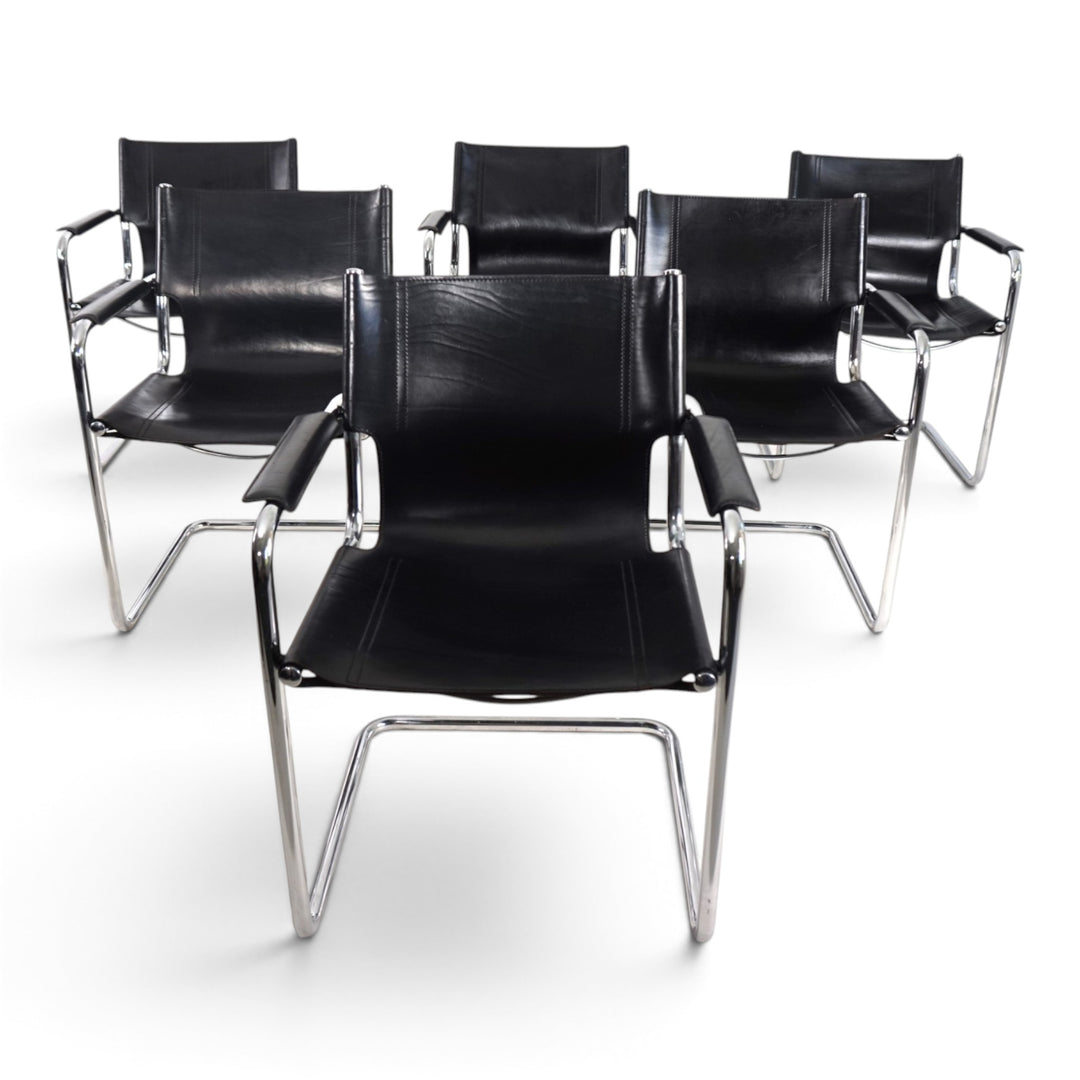 Matteo Grassi Set of 6 Visitor Chairs, Leather/Chrome Dining Chairs, 1970