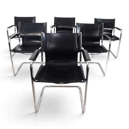 Matteo Grassi Set of 6 Visitor Chairs, Leather/Chrome Dining Chairs, 1970