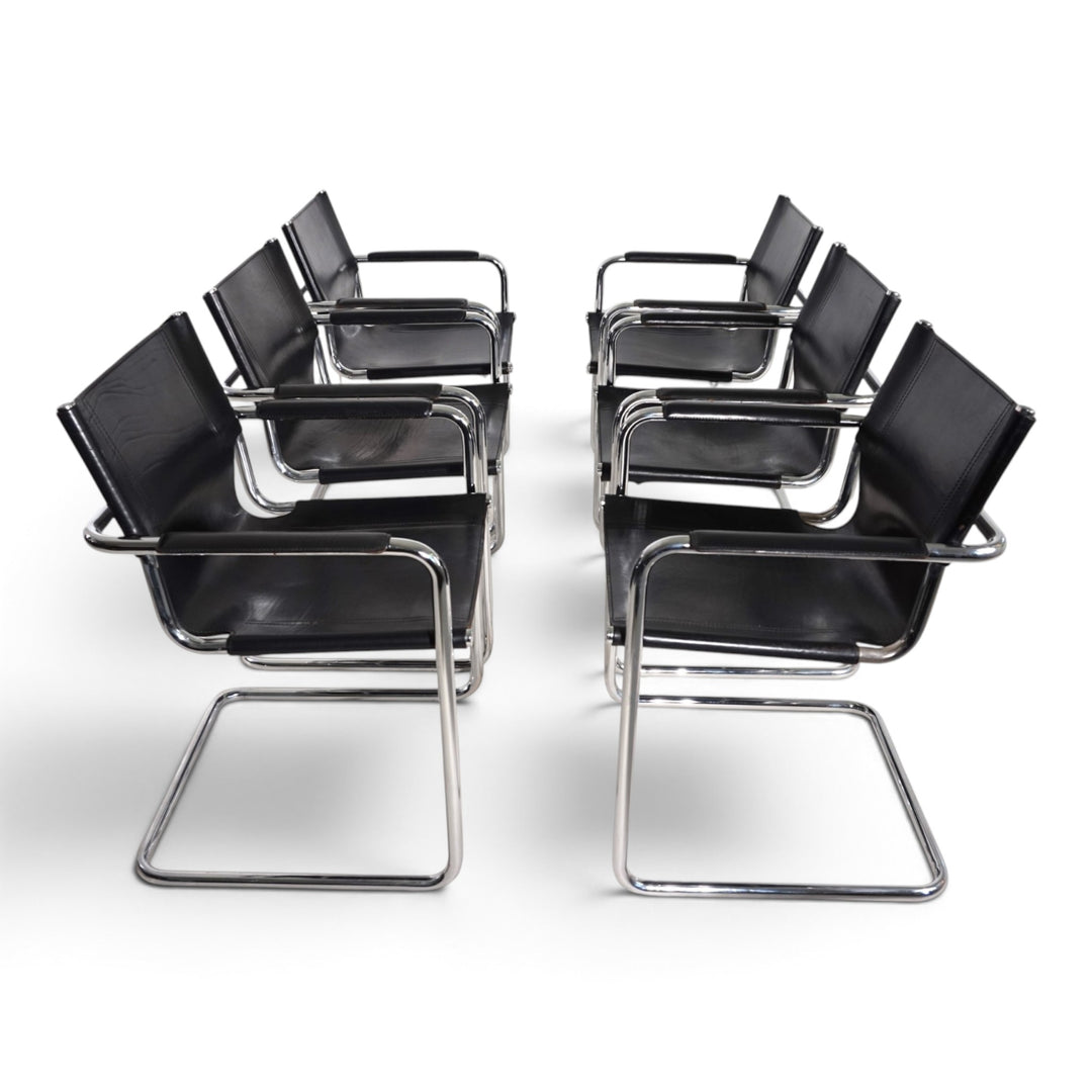 Matteo Grassi Set of 6 Visitor Chairs, Leather/Chrome Dining Chairs, 1970