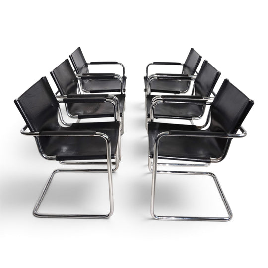 Matteo Grassi Set of 6 Visitor Chairs, Leather/Chrome Dining Chairs, 1970