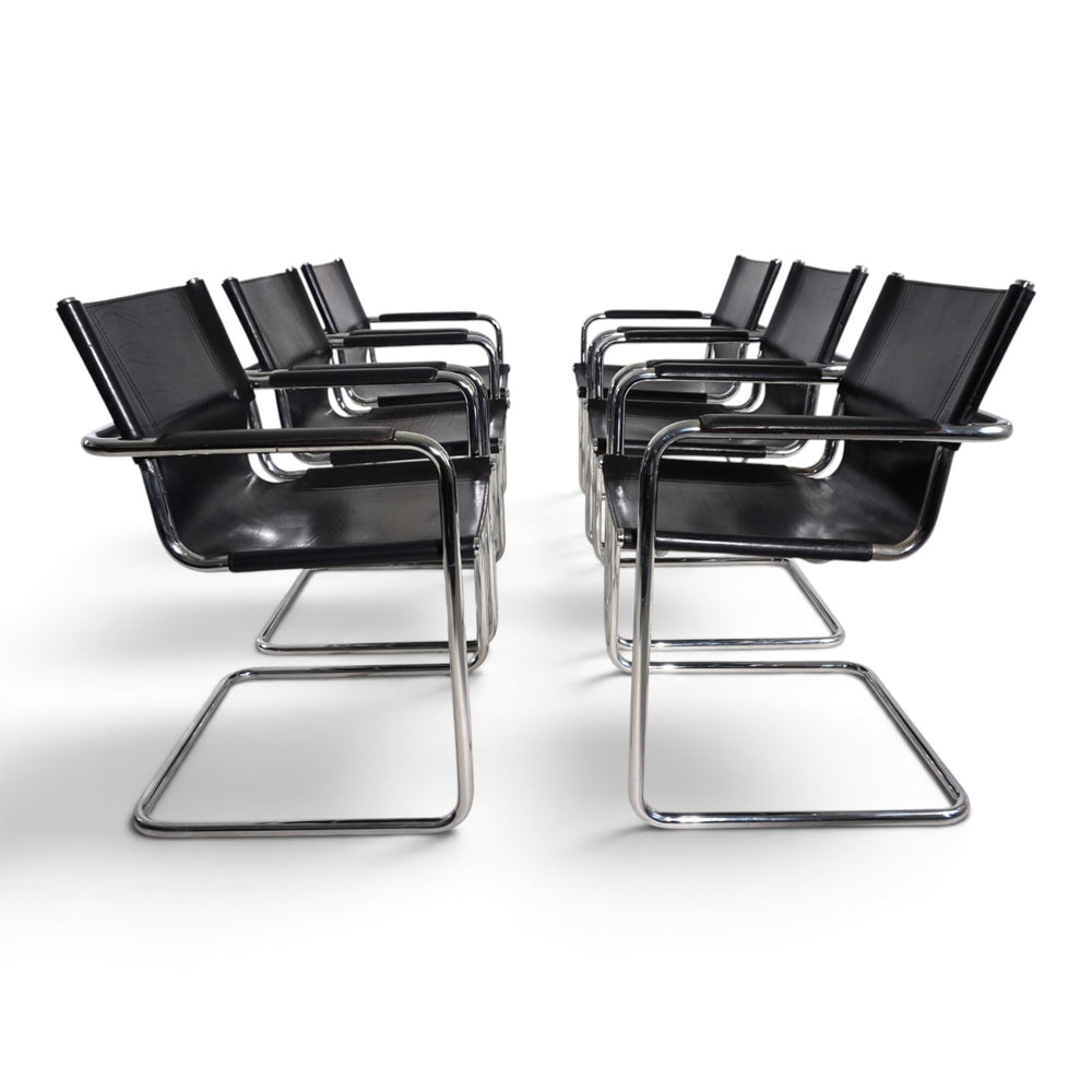 Matteo Grassi Set of 6 Visitor Chairs, Leather/Chrome Dining Chairs, 1970