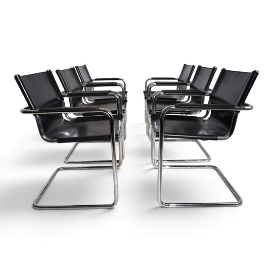 Matteo Grassi Set of 6 Visitor Chairs, Leather/Chrome Dining Chairs, 1970
