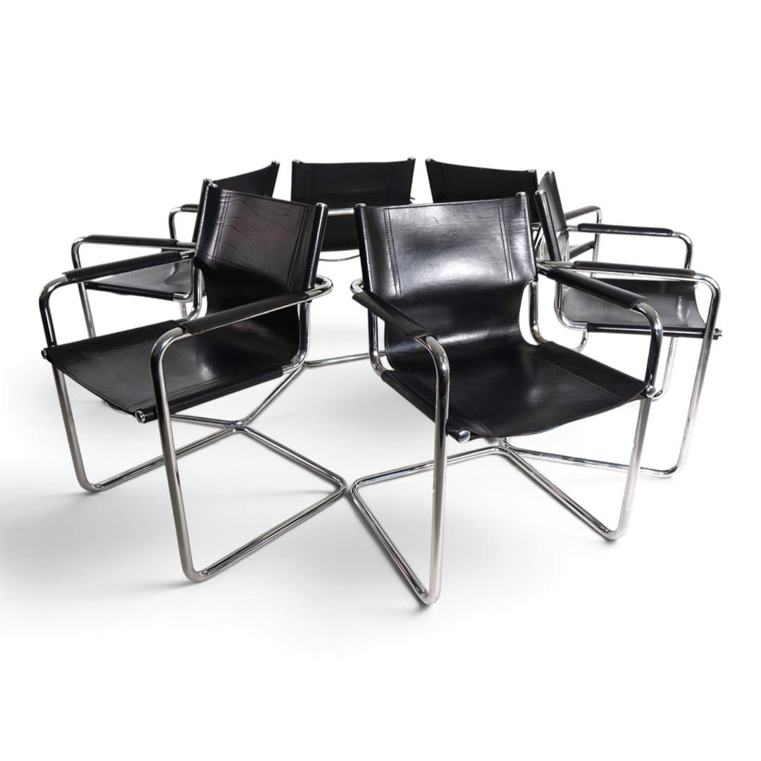Matteo Grassi Set of 6 Visitor Chairs, Leather/Chrome Dining Chairs, 1970