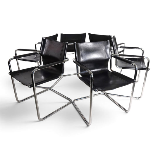 Matteo Grassi Set of 6 Visitor Chairs, Leather/Chrome Dining Chairs, 1970