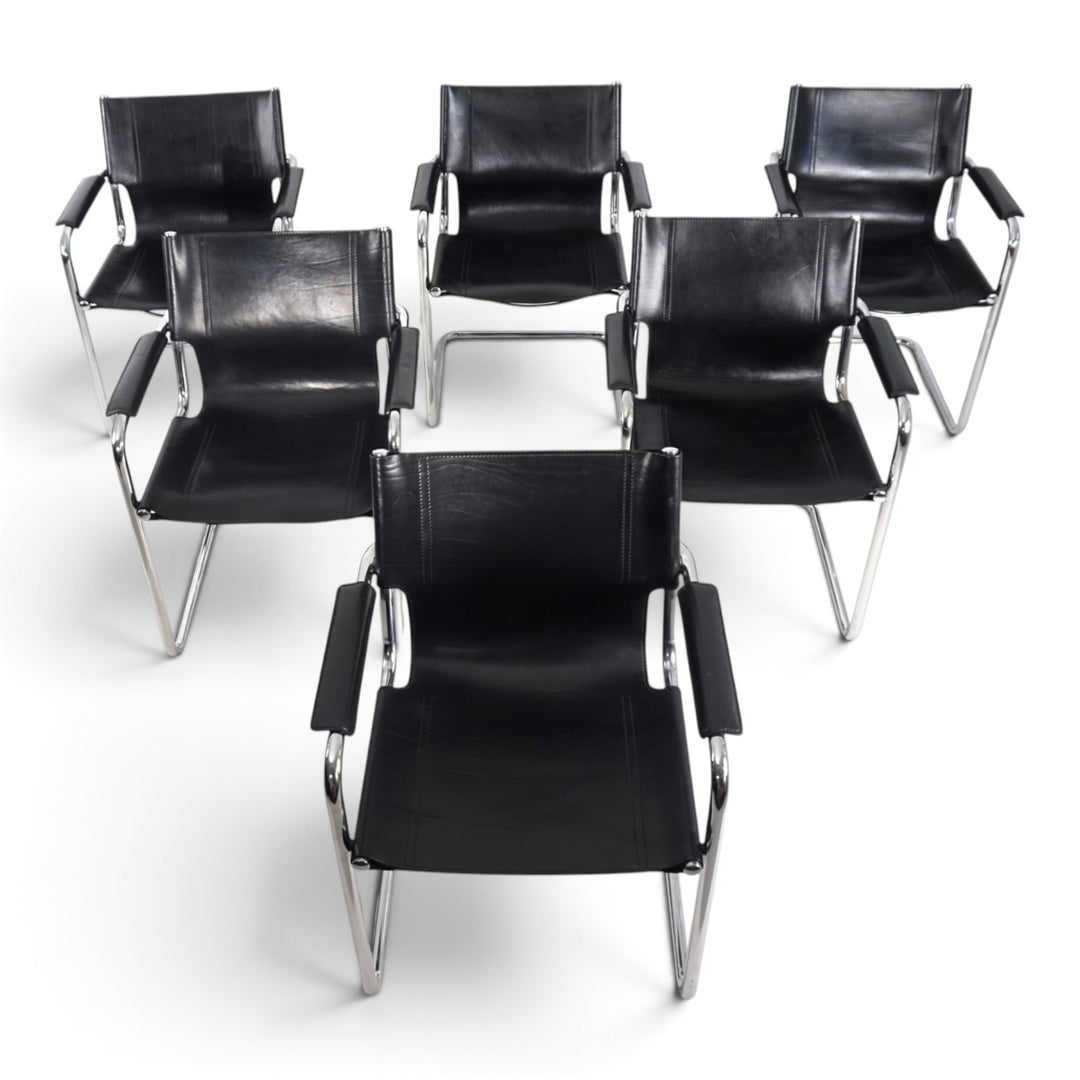 Matteo Grassi Set of 6 Visitor Chairs, Leather/Chrome Dining Chairs, 1970