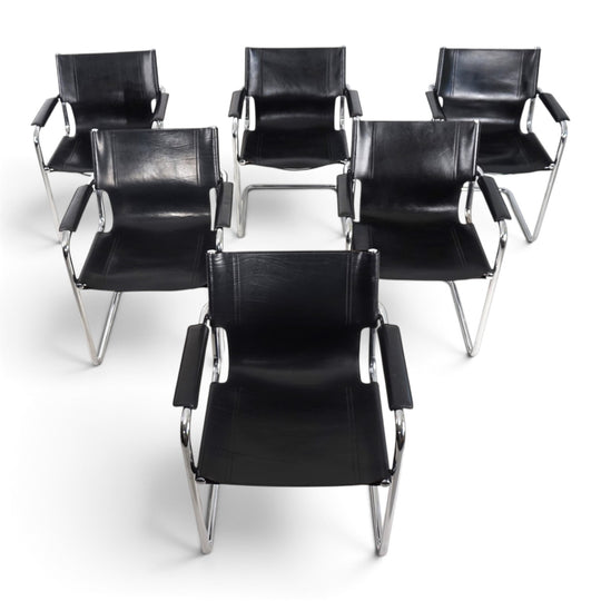 Matteo Grassi Set of 6 Visitor Chairs, Leather/Chrome Dining Chairs, 1970
