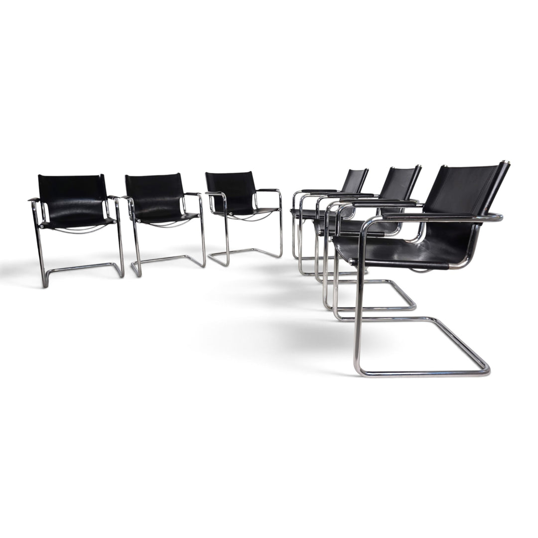 Matteo Grassi Set of 6 Visitor Chairs, Leather/Chrome Dining Chairs, 1970