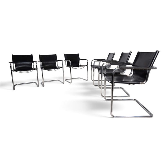 Matteo Grassi Set of 6 Visitor Chairs, Leather/Chrome Dining Chairs, 1970