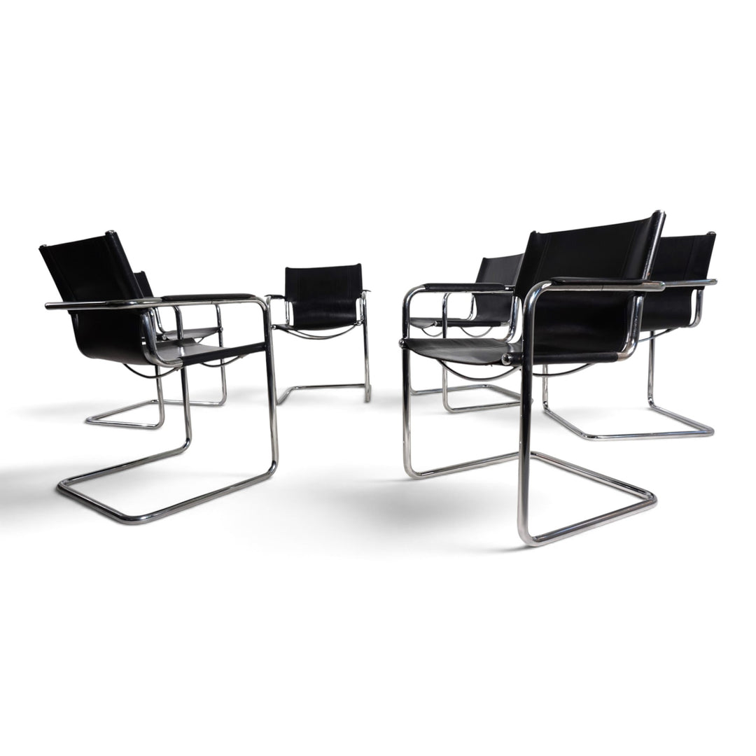 Matteo Grassi Set of 6 Visitor Chairs, Leather/Chrome Dining Chairs, 1970