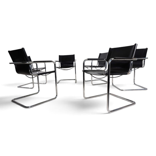 Matteo Grassi Set of 6 Visitor Chairs, Leather/Chrome Dining Chairs, 1970