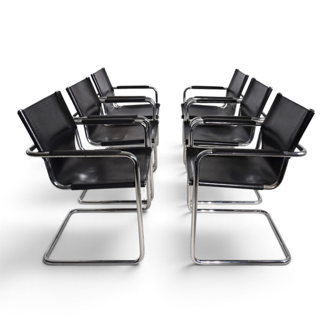 Matteo Grassi Set of 6 Visitor Chairs, Leather/Chrome Dining Chairs, 1970