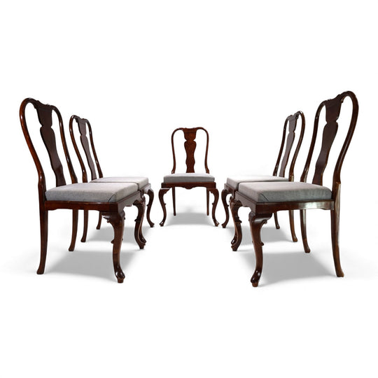 5er Set Queen Anne Mahagoni Esszimmerstühle, 1920