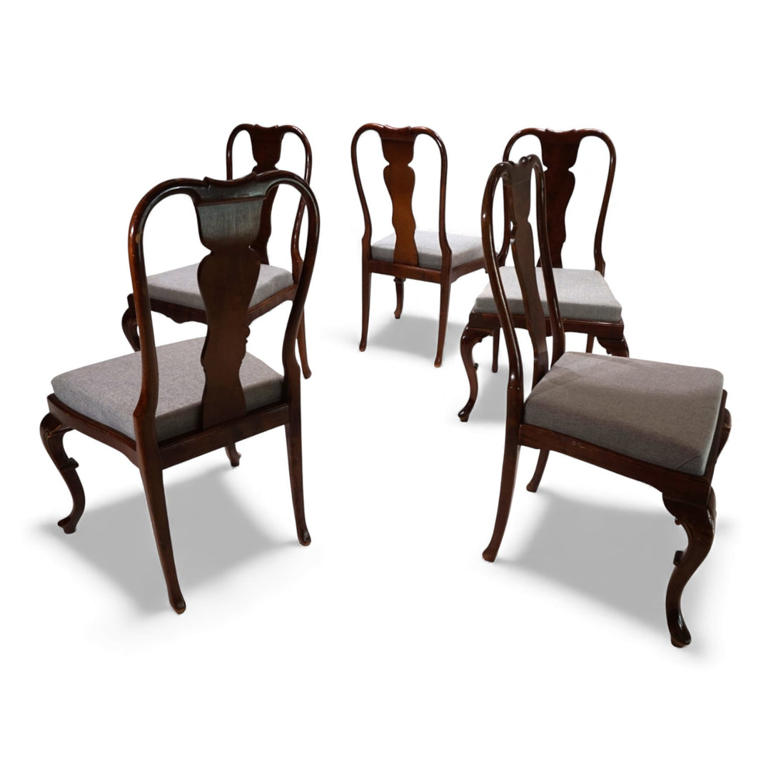 5er Set Queen Anne Mahagoni Esszimmerstühle, 1920