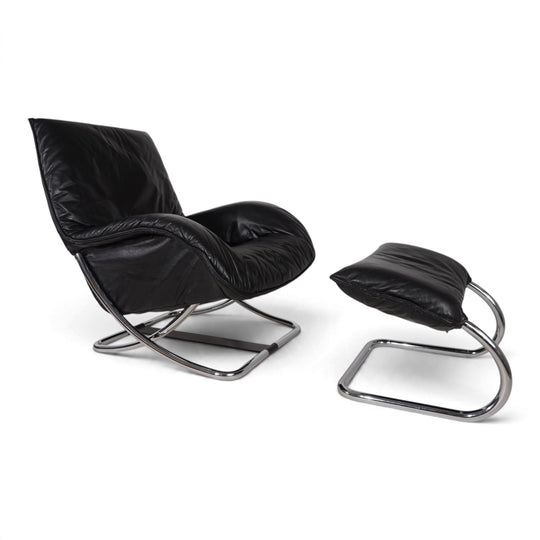 WK Möbel Leder Loungesessel mit Ottoman von Robert Haussmann, 1970