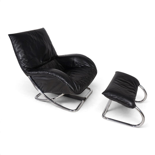WK Möbel Leder Loungesessel mit Ottoman von Robert Haussmann, 1970