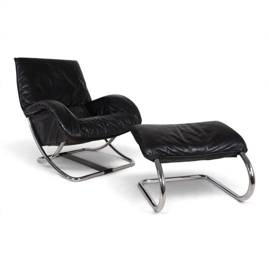 WK Möbel Leder Loungesessel mit Ottoman von Robert Haussmann, 1970