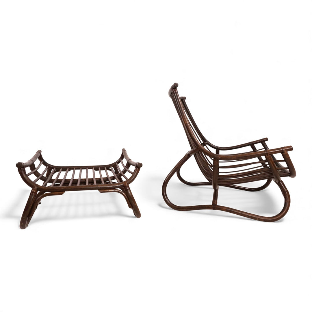 Manou Rattan Loungesessel im Pagodenstil mit Ottoman, 1960