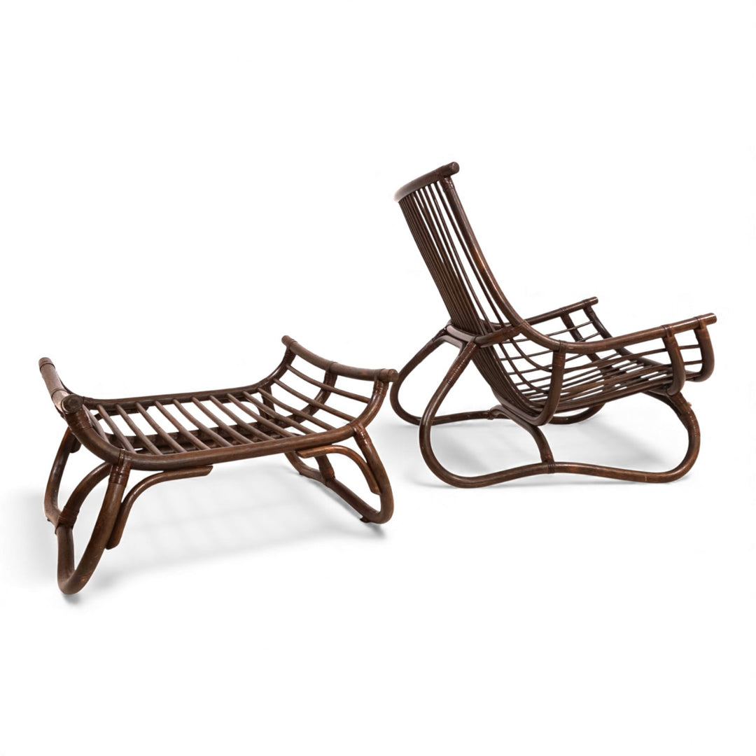 Manou Rattan Loungesessel im Pagodenstil mit Ottoman, 1960