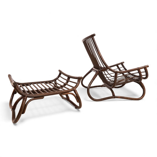 Manou Rattan Loungesessel im Pagodenstil mit Ottoman, 1960