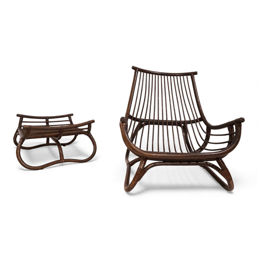Manou Rattan Loungesessel im Pagodenstil mit Ottoman, 1960